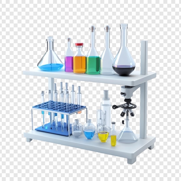 Equipaggiamento di laboratorio Rendering 3D di vetri di chimica e microscopio su uno scaffale