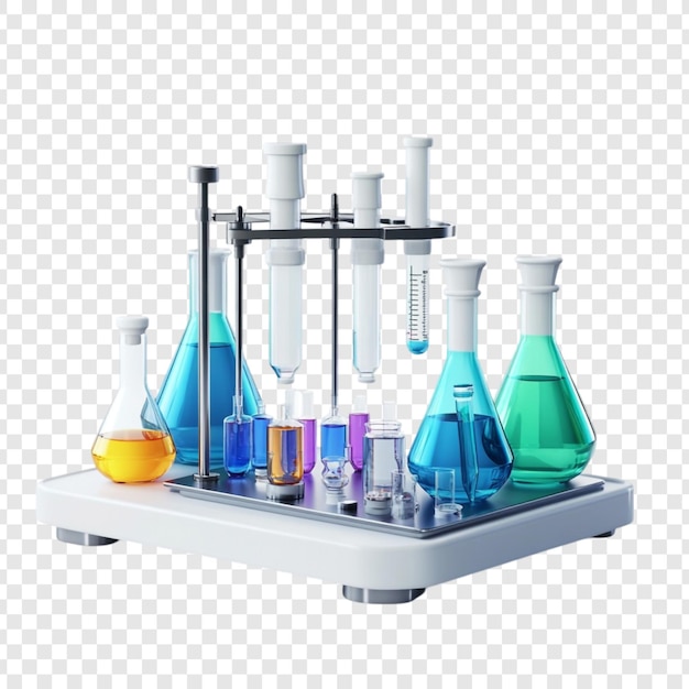 Equipo de laboratorio Un colorido conjunto de frascos, tubos y vasos en un puesto moderno