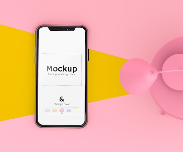 Escena 3D rosa y amarilla con una lámpara que enciende un teléfono celular en el piso y color editable