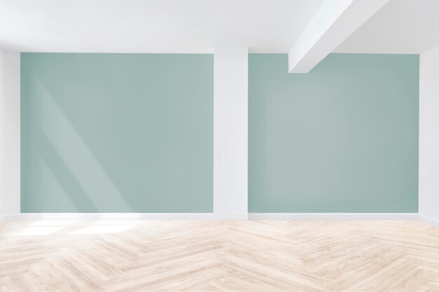 Escena de habitación vacía con paredes en blanco y suelo de parquet