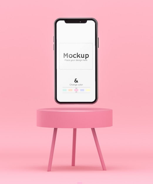 Escena rosa 3d con un teléfono celular flotando en una mesa de café y color editable