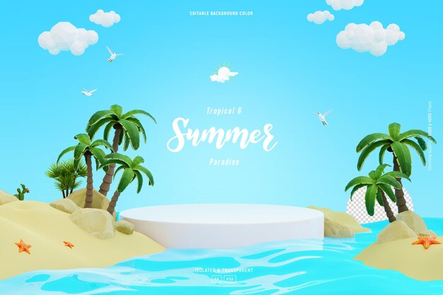 Escenario de podio en el fondo del paisaje de la playa de verano decorado con palmeras tropicales representación 3D
