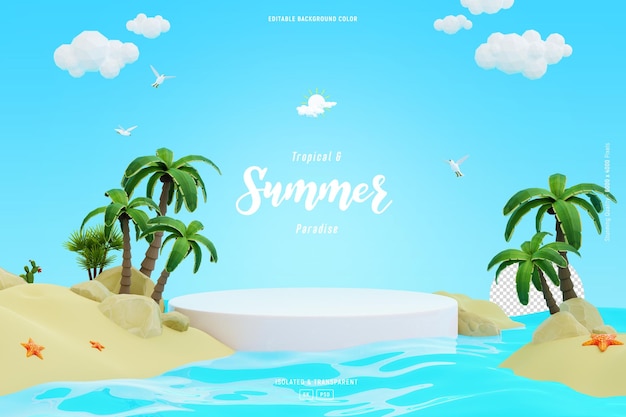 Escenario de podio en el fondo del paisaje de la playa de verano decorado con palmeras tropicales representación 3D