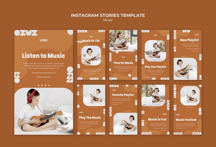 PSD gratuito escuchar música y tocar ukelele instagram stories
