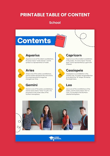 Escuela de diseño de plantillas de tablas de contenido