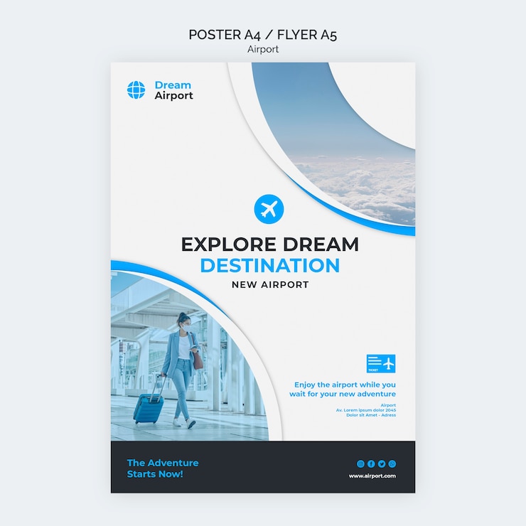 PSD gratuito esplora il modello di volantino della destinazione dei sogni
