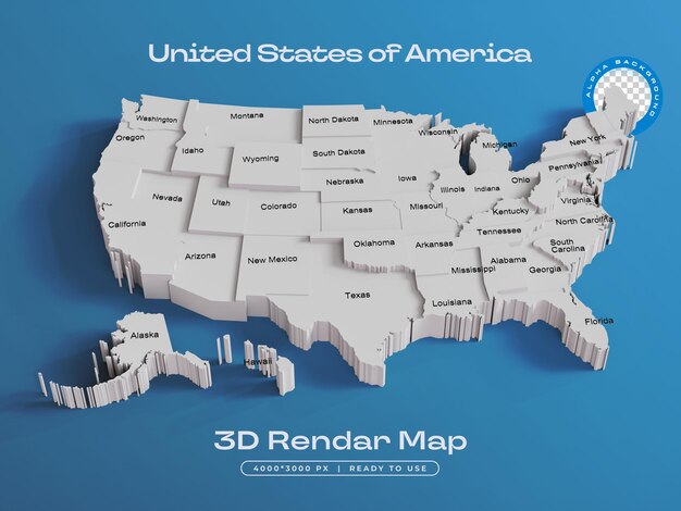 Estados Unidos de América Mapa aislado Ilustración de renderización 3D