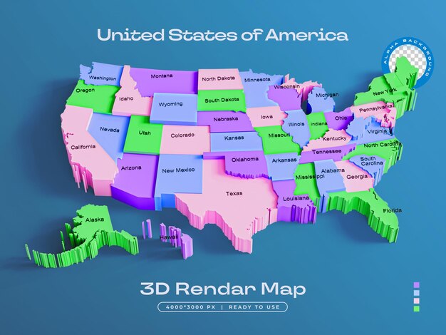 Estados Unidos de América Mapa aislado Ilustración de renderización 3D
