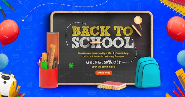 Estampa de banner de publicación de Facebook de venta de regreso a la escuela con elementos educativos