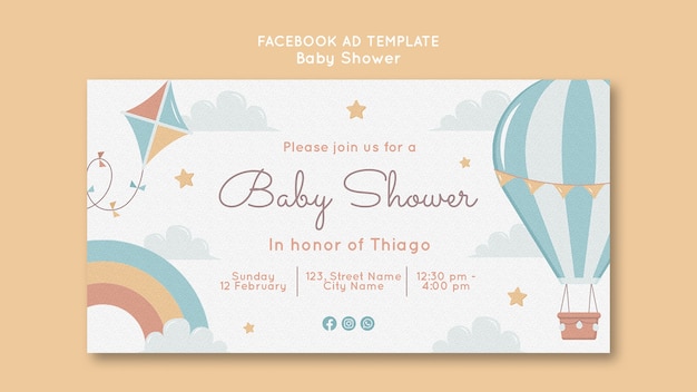 PSD gratuito estampa de facebook de diseño plano para la ducha de bebé.