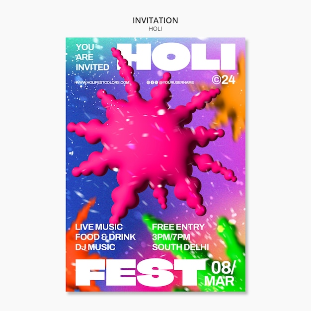 PSD gratuito estampa de invitación para la celebración del festival de holi.