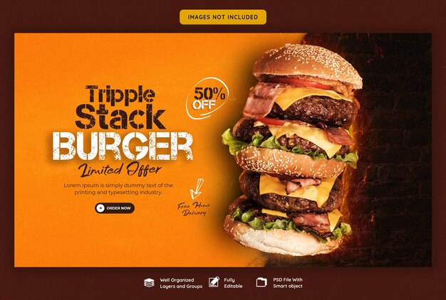 Estándar de banner web de hamburguesas y menús de comida deliciosos
