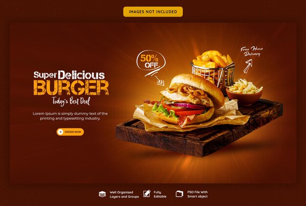 Estándar de banner web de hamburguesas y menús de comida deliciosos