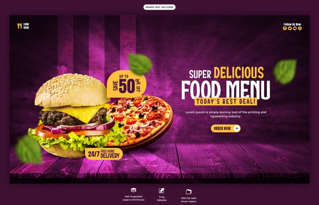 Estándar de banner web de hamburguesas y menús de comida deliciosos