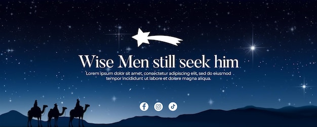 Estandarte con texto con silueta de los tres reyes magos en un fondo desértico de noche estrellada