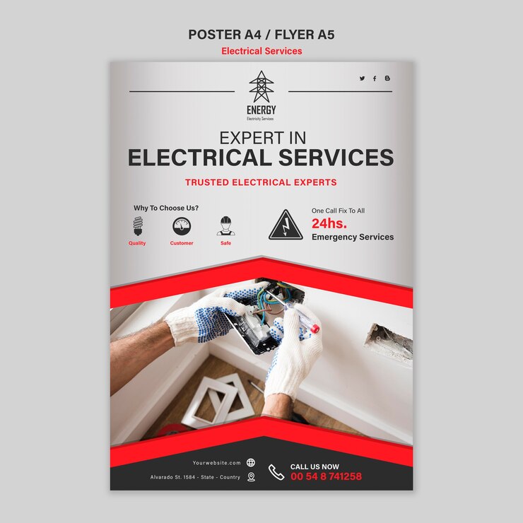 PSD gratuito estilo de cartel de servicios de expertos eléctricos.
