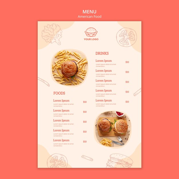 Estilo de menú de concepto de comida americana