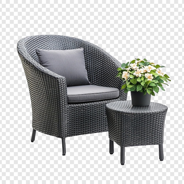 Estilo de mimbre patio conjunto sillón mesa lateral flores
