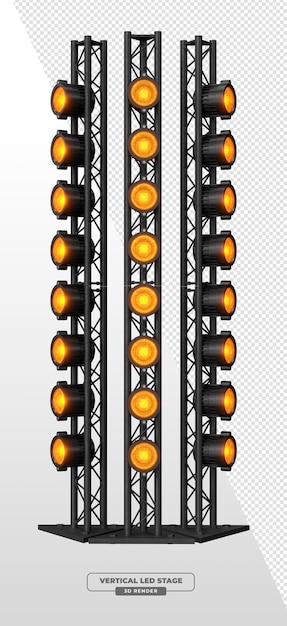 Estructura de iluminación de triple armazón vertical con focos ámbar en renderización 3D