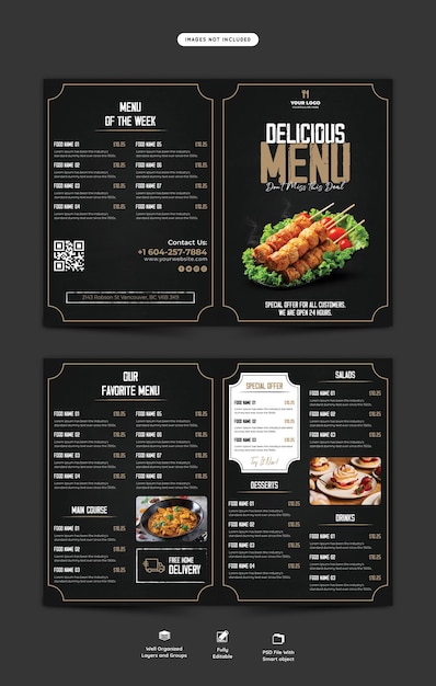 Gratis PSD eten menu en restaurant tweevoudig brochure sjabloon