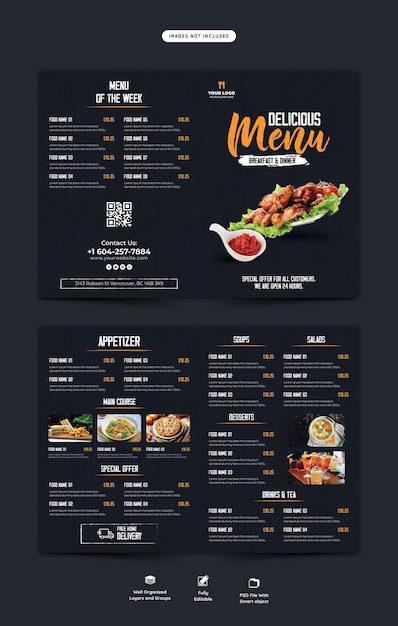 Eten menu en restaurant tweevoudig brochure sjabloon