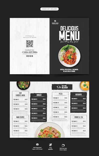 Gratis PSD eten menu en restaurant tweevoudig brochure sjabloon