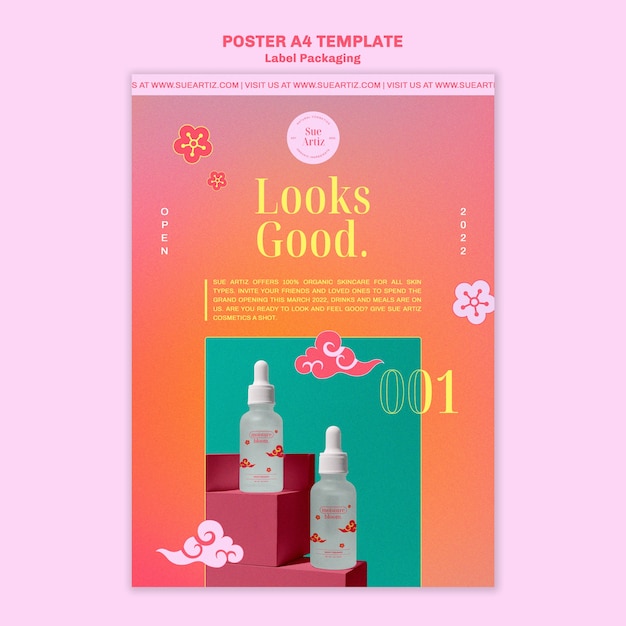 Etiqueta de embalaje con plantilla de póster de flores.