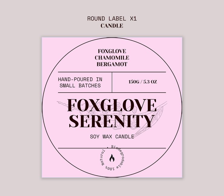 PSD gratuito etiqueta de la vela de cera de soja foxglove serenity