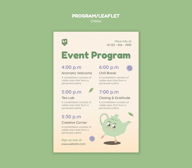 Event program leaflet for a tea party with a schedule template