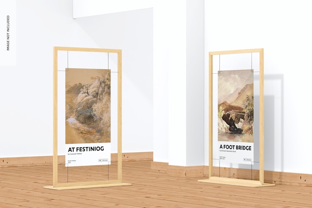 Exhibición de póster de galería de madera larga en maqueta de museo