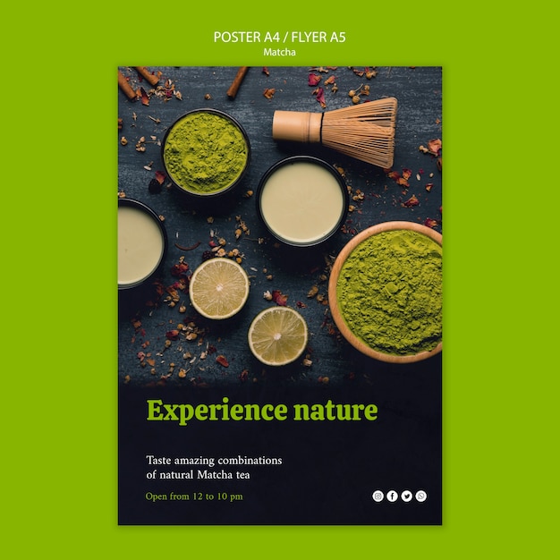 PSD gratuito experimente la naturaleza con el póster de té matcha