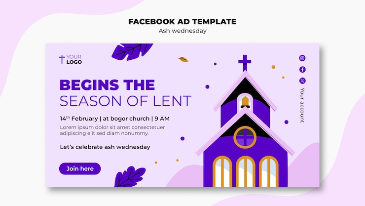 PSD gratuito facebook template per la celebrazione del mercoledì delle ceneri