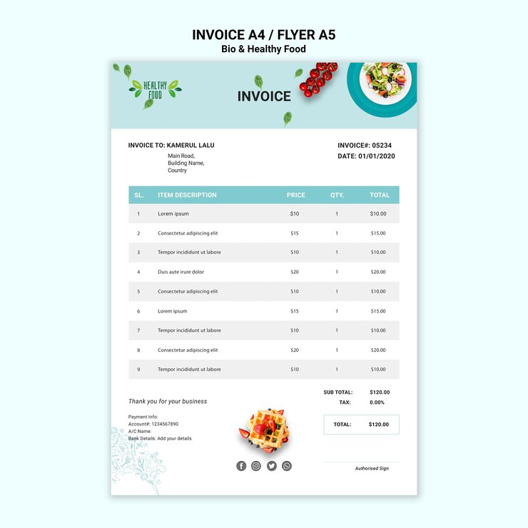 PSD gratuito factura de restaurante con comida saludable.