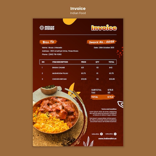 Gratis PSD factuursjabloon voor indiase restaurants