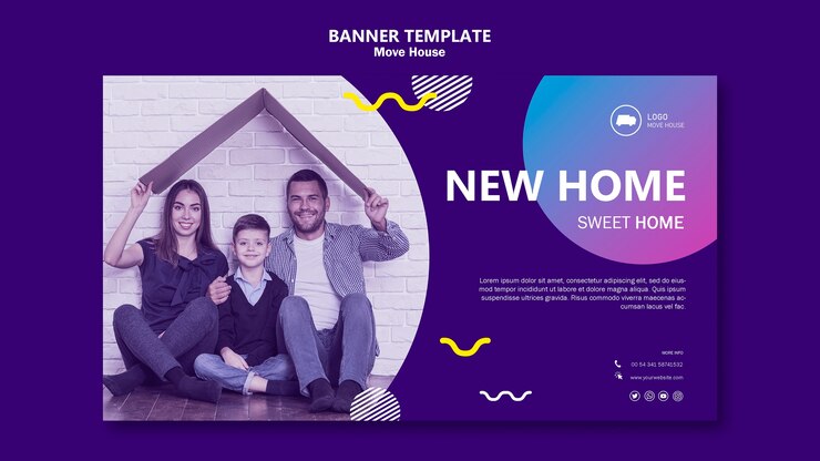 PSD gratuito famiglia che si muove in un nuovo modello dell'insegna domestica