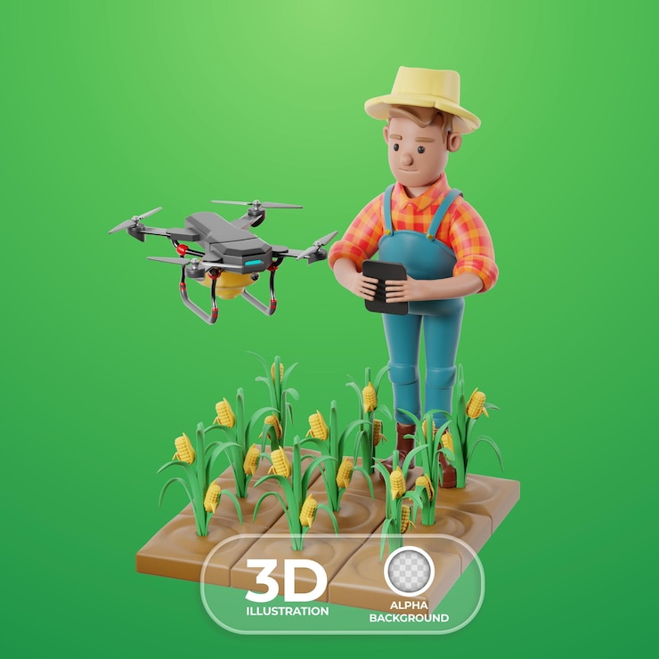 PSD gratuito farmer with drone ready for planting 3d illustration