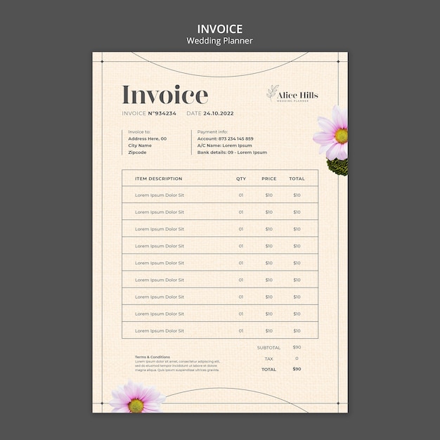 Fattura di wedding planner floreale