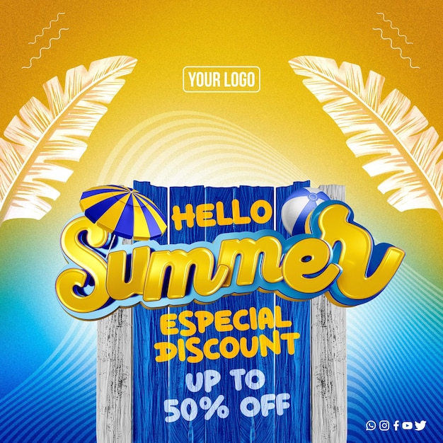 Feed de redes sociales hola verano descuento especial hasta 50 de descuento