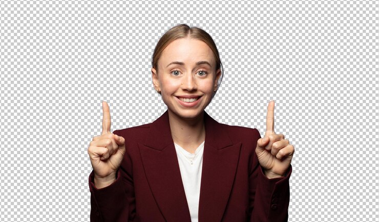 PSD Gratis feeling awed and open mouthed pointing upwards with a shocked and surprised look