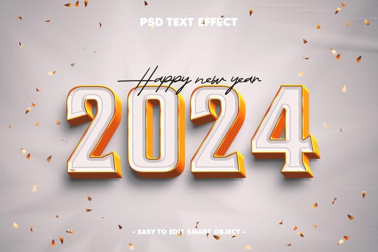 PSD gratuito felice anno nuovo 2024 effetto testo oro