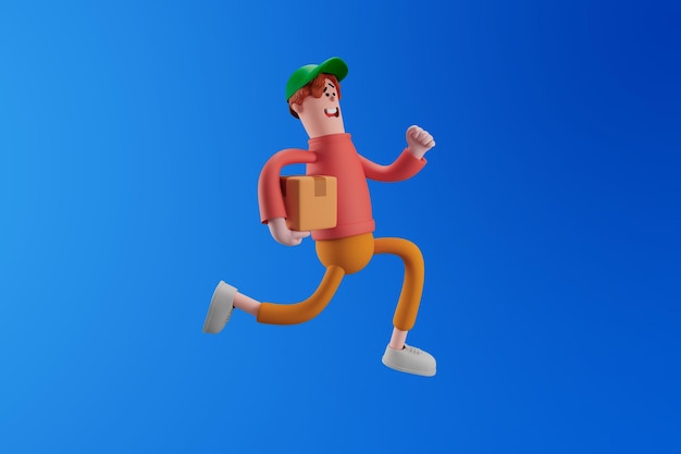 Felice uomo di consegna in uniforme che corre e tiene il pacco su sfondo isolato Concetto di consegna 3d rendering personaggio dei cartoni animati