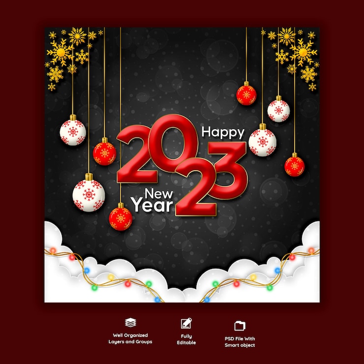 PSD gratuito feliz año nuevo 2023 y banner de redes sociales de navidad o plantilla de publicación de instagram