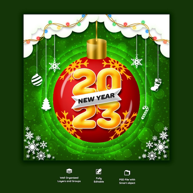 PSD gratuito feliz año nuevo 2023 y banner de redes sociales de navidad o plantilla de publicación de instagram