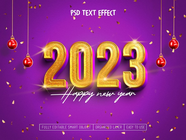 Feliz año nuevo 2023 efecto de texto dorado.