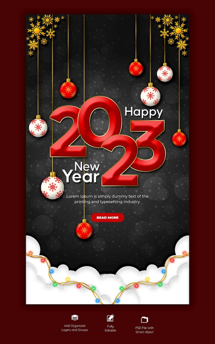 PSD gratuito feliz año nuevo 2023 y feliz navidad plantilla de historia de instagram y facebook