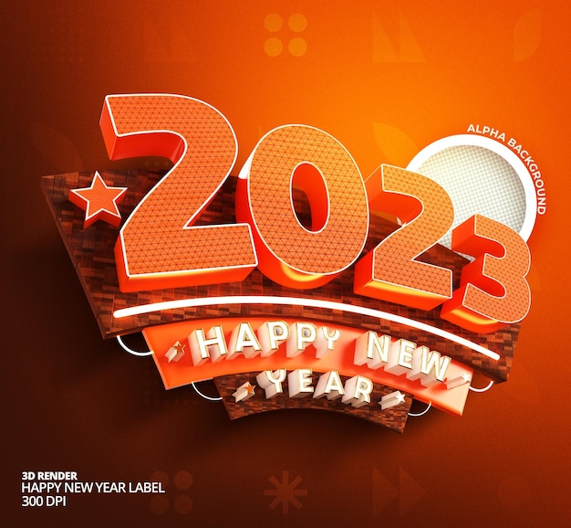 Feliz año nuevo 2023 y navidad con banner de etiqueta de representación 3d o plantilla de publicación