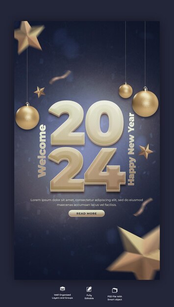 Feliz año nuevo 2024 celebración Instagram y Facebook historia diseño de publicación o plantilla de banner