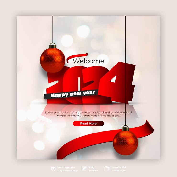 PSD gratuito feliz año nuevo 2024 celebración de publicación en las redes sociales o plantilla de banner