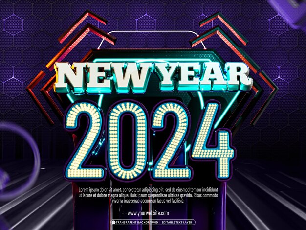 Feliz año nuevo 2024 plantilla de diseño de banner 3d