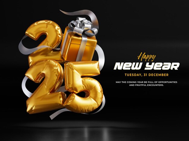 Feliz año nuevo 2025 Balón de aluminio 3d Render Template